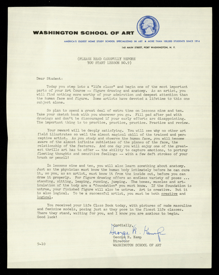 A Letter by the Director of Washington School of Art George R. Kemp to Students 