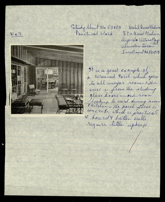 A House Terrace Design,  a Praxis Project by Nahil Bishara, Chicago School of Interior Desing, 1960-1964