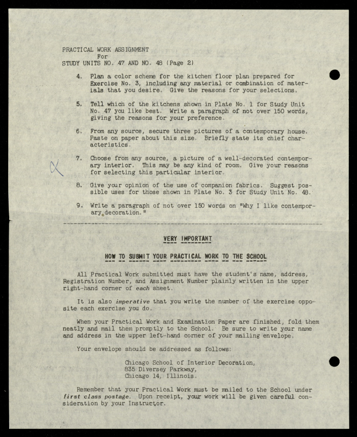 Practical Work Assignment for Nahil Bishara, Study Units 47 and 48, Chicago School of Interior Decoration, 1960-1964 