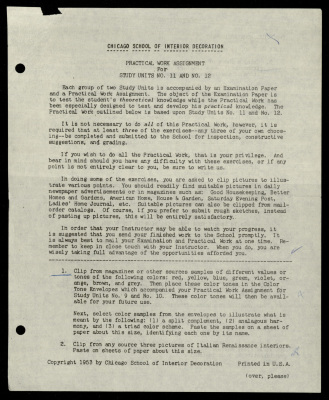Practical Work Assignment for Nahil Bishara, Study Units 11 and 12, Chicago School of Interior Decoration, 1960-1964 