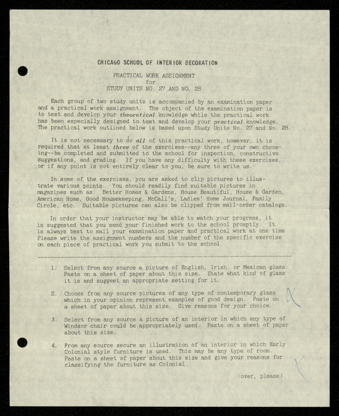 Practical Work Assignment for Nahil Bishara, Study Units 26 and 27, Chicago School of Interior Decoration, 1960-1964 
