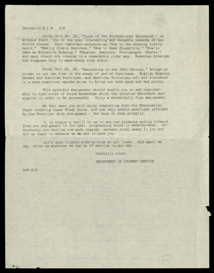 A letter Addressed to Nahil Bishara, Chicago School of Interior Decoration-Department of Student Service, 1960-1964