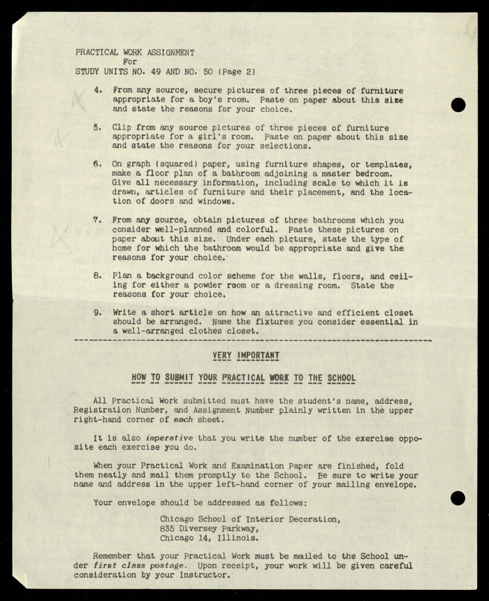 Practical Work Assignment for Nahil Bishara, Study Units 49 and 50, Chicago School of Interior Decoration, 1960-1964 