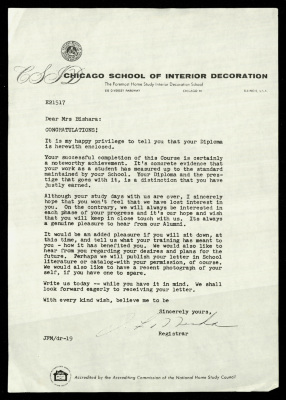 A Letter from the Chicago School of Interior Decoration to Nahil Bishara, 1960-1964