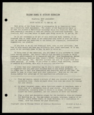 Practical Work Assignment for Nahil Bishara, Study Units 51 and 52, Chicago School of Interior Decoration, 1960-1964 