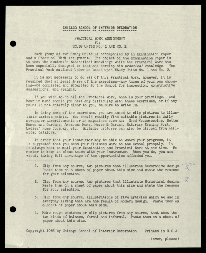 Practical Work Assignment for Nahil Bishara, Study Units 1 and 2 Chicago School of Interior Decoration, 1960-1964 