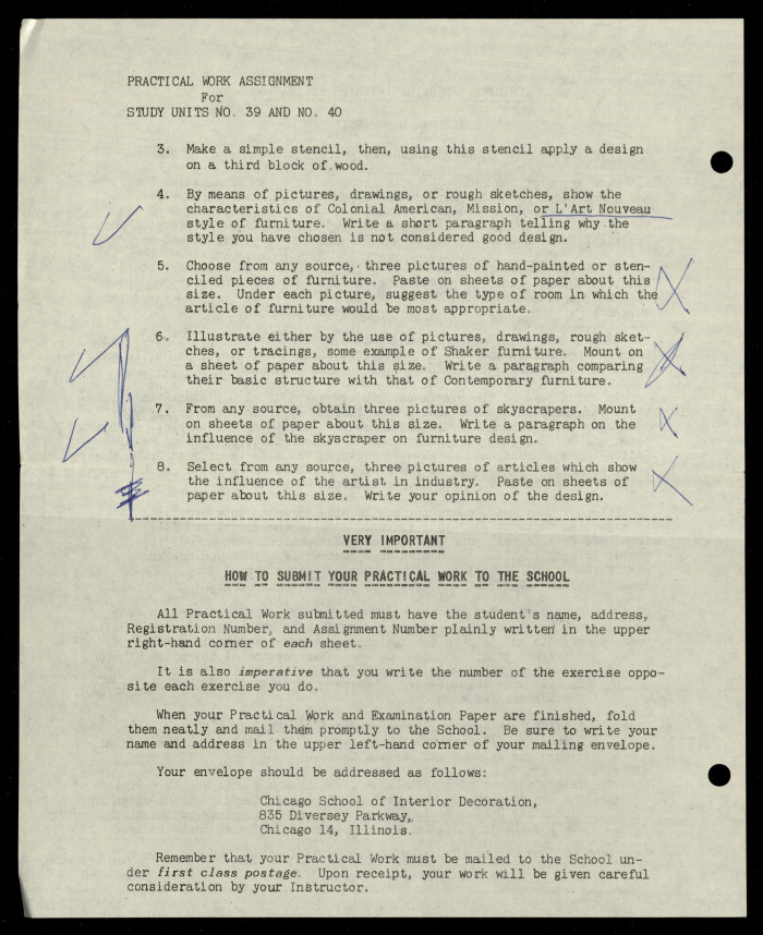 Practical Work Assignment for Nahil Bishara, Study Units 39 and 40, Chicago School of Interior Decoration, 1960-1964 
