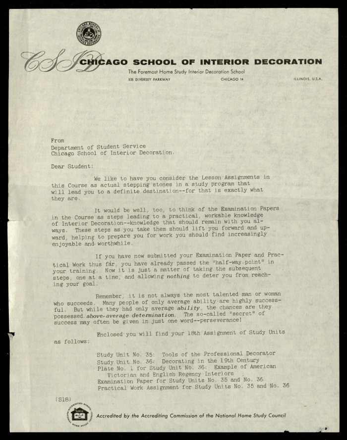 A letter Addressed to Nahil Bishara, Chicago School of Interior Decoration-Department of Student Service, 1960-1964