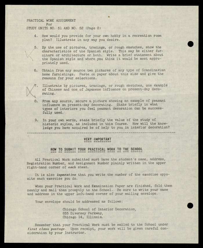Practical Work Assignment for Nahil Bishara, Study Units 51 and 52, Chicago School of Interior Decoration, 1960-1964 
