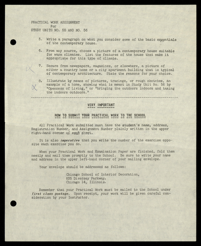 Practical Work Assignment for Nahil Bishara, Study Units 55 and 56, Chicago School of Interior Decoration, 1960-1964 
