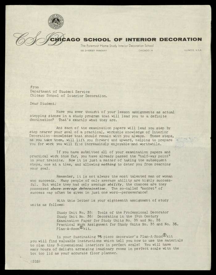 A letter Addressed to Nahil Bishara, Chicago School of Interior Decoration-Department of Student Service, 1960-1964