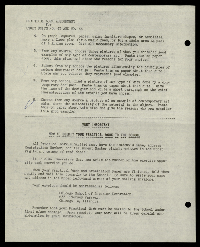 Practical Work Assignment for Nahil Bishara, Study Units 44 and 43, Chicago School of Interior Decoration, 1960-1964 
