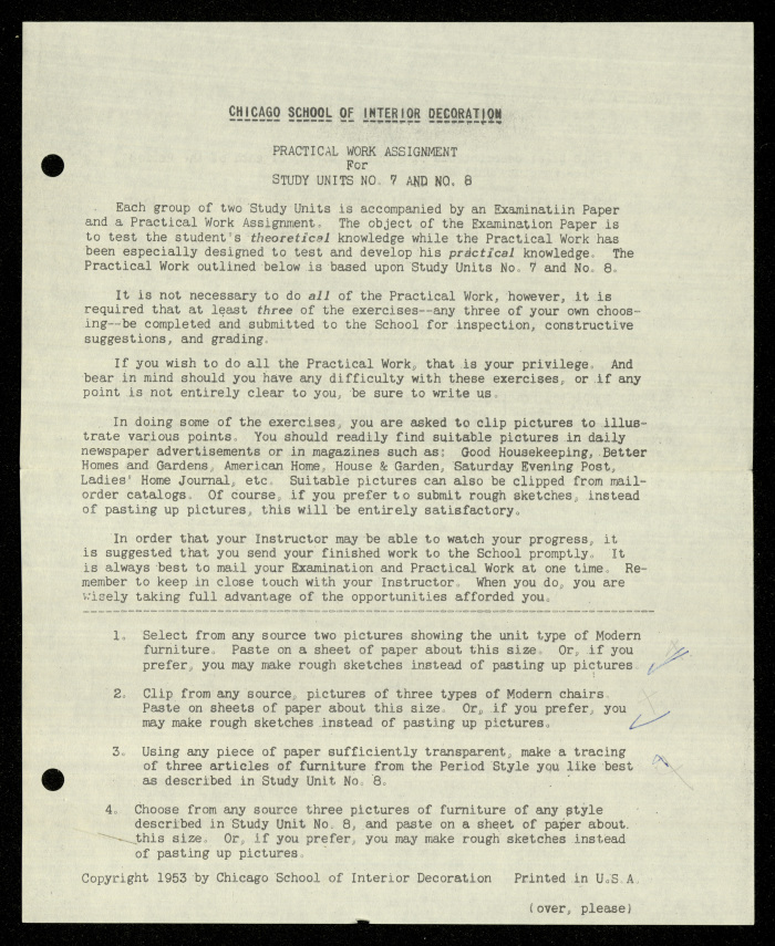 Practical Work Assignment for Nahil Bishara, Study Units 7 and 8, Chicago School of Interior Decoration, 1960-1964 
