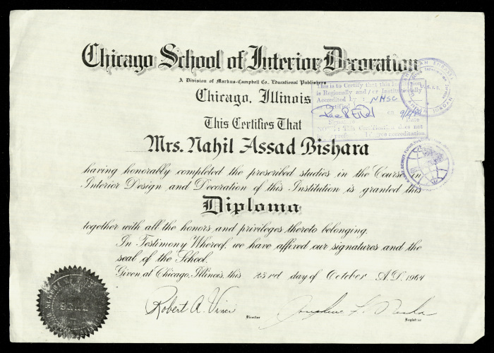 The Diploma Certificate of Nahil Bishara, Chicago School of Interior Decoration, 1964