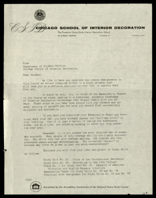 A letter Addressed to Nahil Bishara, Chicago School of Interior Decoration-Department of Student Service, 1960-1964