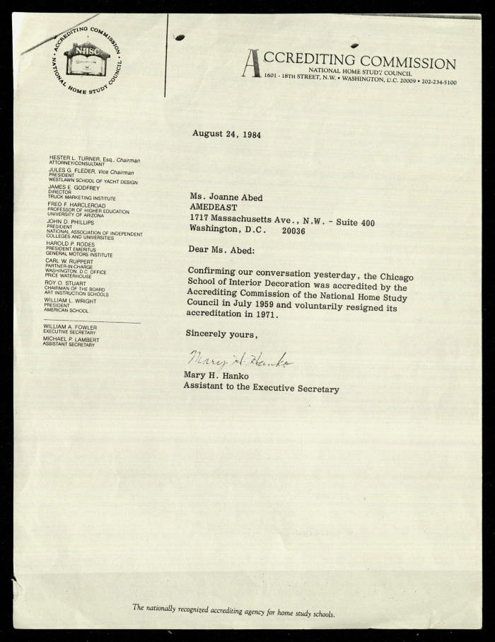 A Letter Issued by the Accrediting Commission-National Home Study Council  to Joanne Abed, 24 August 1984