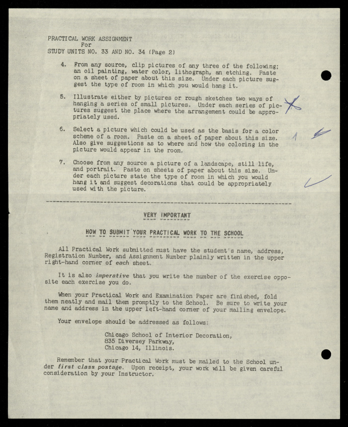 Practical Work Assignment for Nahil Bishara, Study Units 33 and 34, Chicago School of Interior Decoration, 1960-1964 