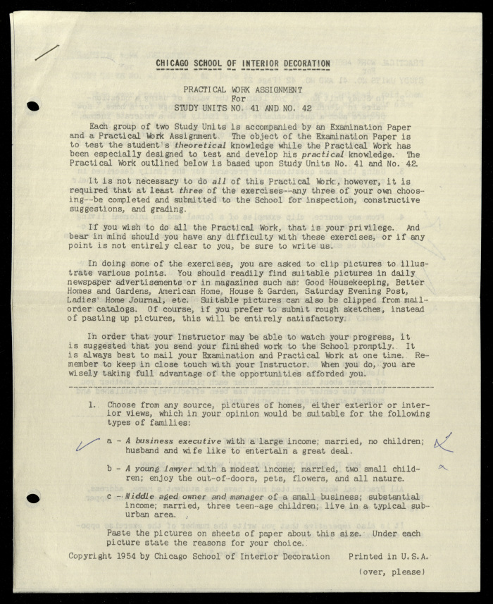Practical Work Assignment for Nahil Bishara, Study Units 41 and 42, Chicago School of Interior Decoration, 1960-1964 