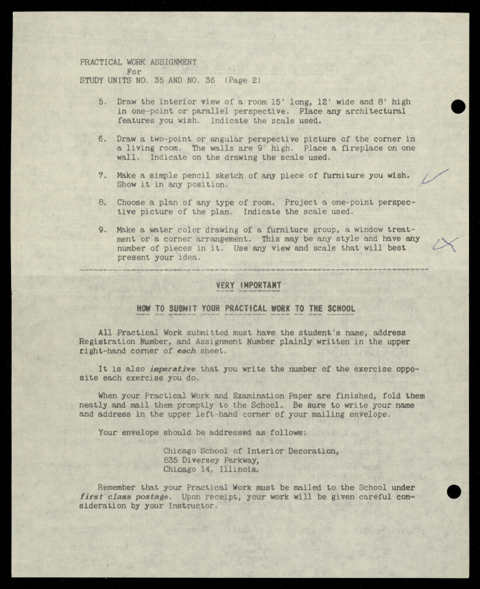 Practical Work Assignment for Nahil Bishara, Study Units 35 and 36, Chicago School of Interior Decoration, 1960-1964 