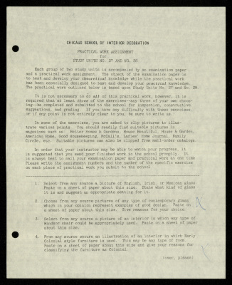 Practical Work Assignment for Nahil Bishara, Study Units 26 and 27, Chicago School of Interior Decoration, 1960-1964 