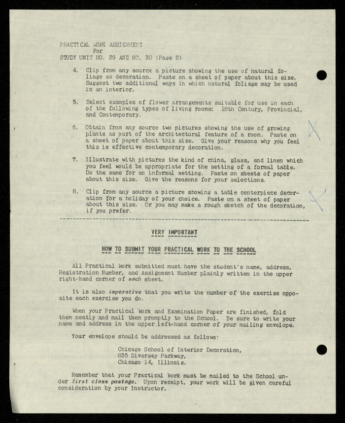Practical Work Assignment for Nahil Bishara, Study Units 29 and 30, Chicago School of Interior Decoration, 1960-1964 