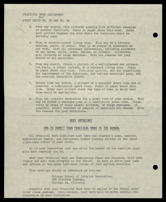 Practical Work Assignment for Nahil Bishara, Study Units 53 and 54, Chicago School of Interior Decoration, 1960-1964 