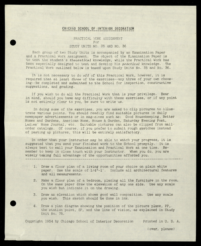Practical Work Assignment for Nahil Bishara, Study Units 35 and 36, Chicago School of Interior Decoration, 1960-1964 