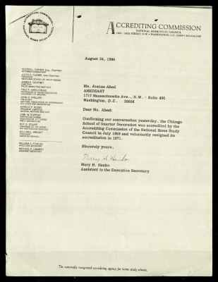 A Letter Issued by the Accrediting Commission-National Home Study Council  to Joanne Abed, 24 August 1984