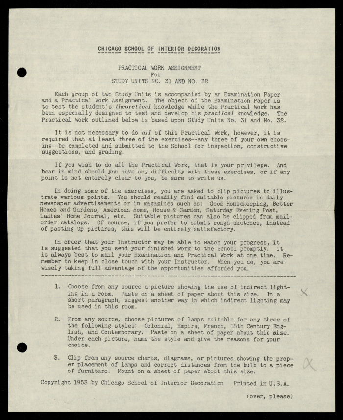 Practical Work Assignment for Nahil Bishara, Study Units 31 and 32, Chicago School of Interior Decoration, 1960-1964 