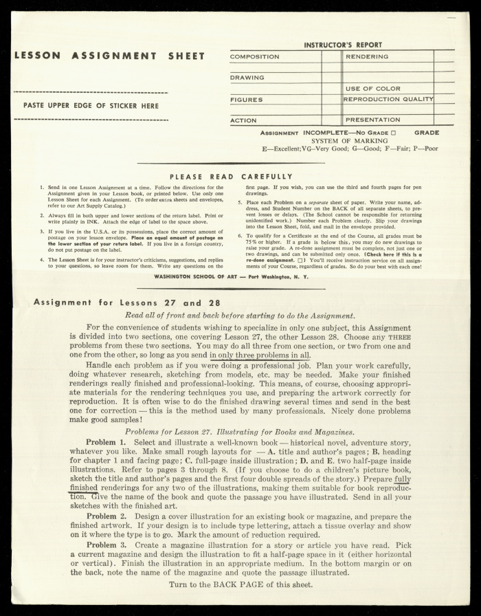 Lesson Assignment Sheet, Lessons 27 and 28, Washington School of Arts 