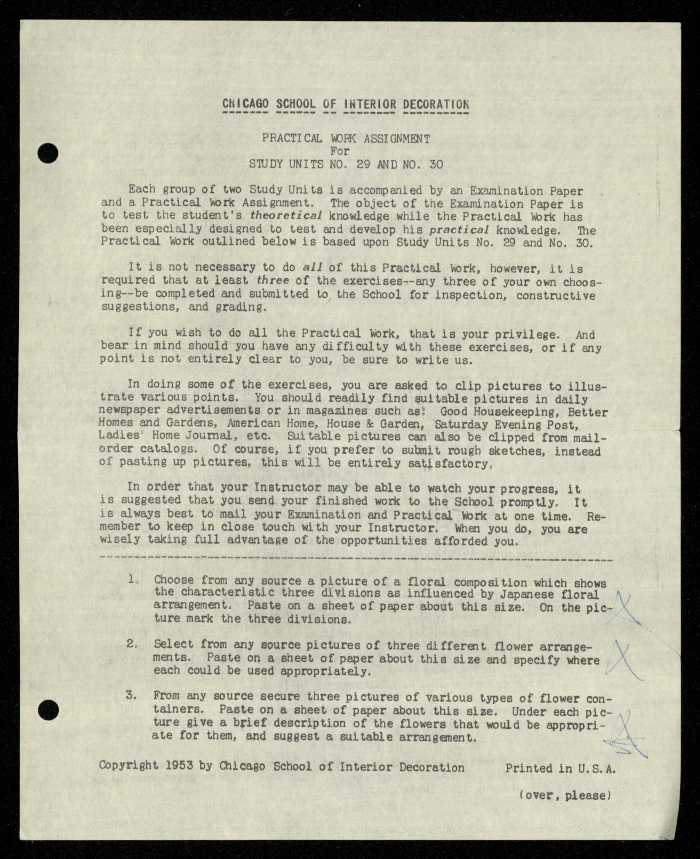 Practical Work Assignment for Nahil Bishara, Study Units 29 and 30, Chicago School of Interior Decoration, 1960-1964 