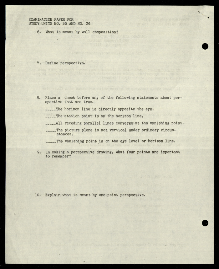 Examination Paper for Nahil Bishara, Study Units 35 and 36, Chicago School of Interior Decoration, 1960-1964 