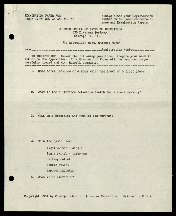 Examination Paper for Nahil Bishara, Study Units 35 and 36, Chicago School of Interior Decoration, 1960-1964 