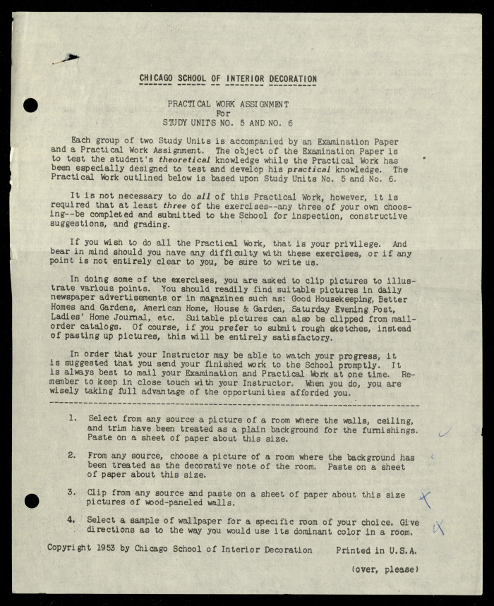 Practical Work Assignment for Nahil Bishara, Study Units 5 and 6, Chicago School of Interior Decoration, 1960-1964 