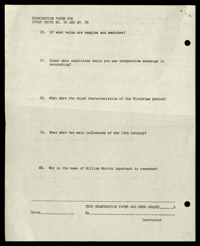 Examination Paper for Nahil Bishara, Study Units 35 and 36, Chicago School of Interior Decoration, 1960-1964 