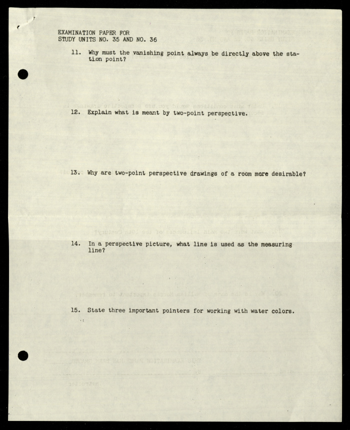 Examination Paper for Nahil Bishara, Study Units 35 and 36, Chicago School of Interior Decoration, 1960-1964 