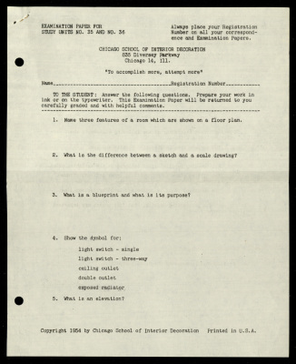 Examination Paper for Nahil Bishara, Study Units 35 and 36, Chicago School of Interior Decoration, 1960-1964 