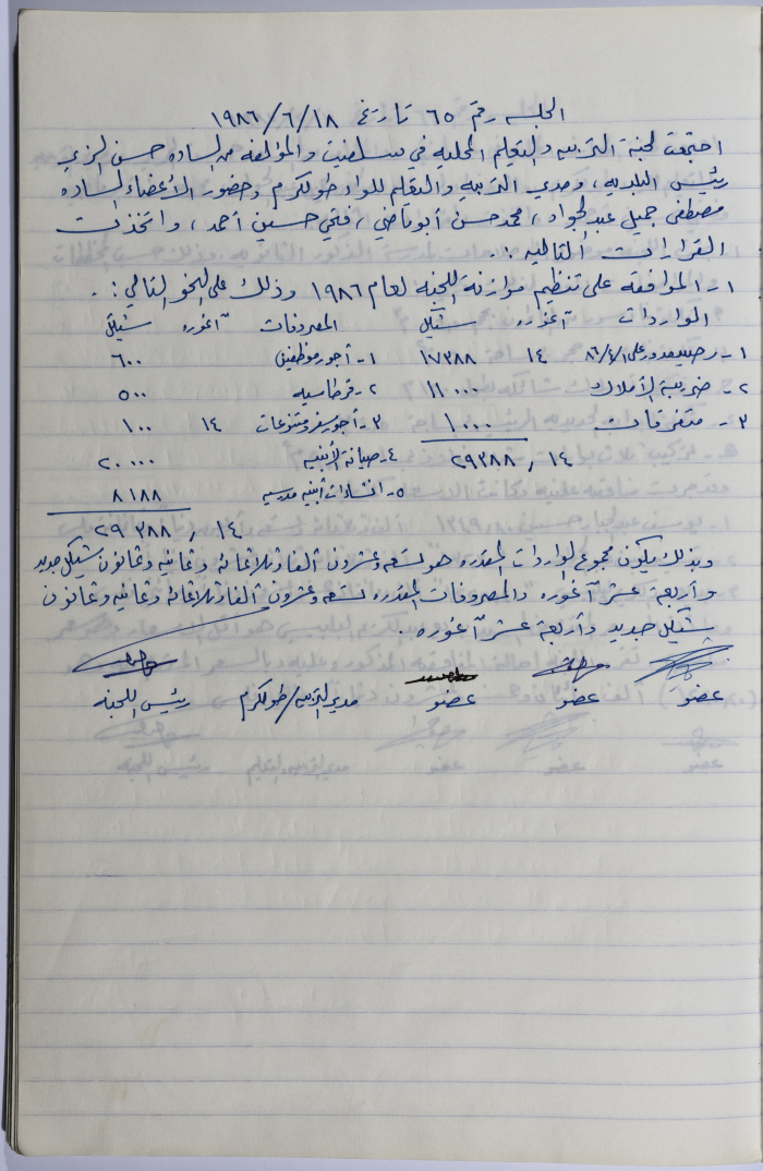محضر جلسة لجنة المعارف رقم 65 لعام 1986