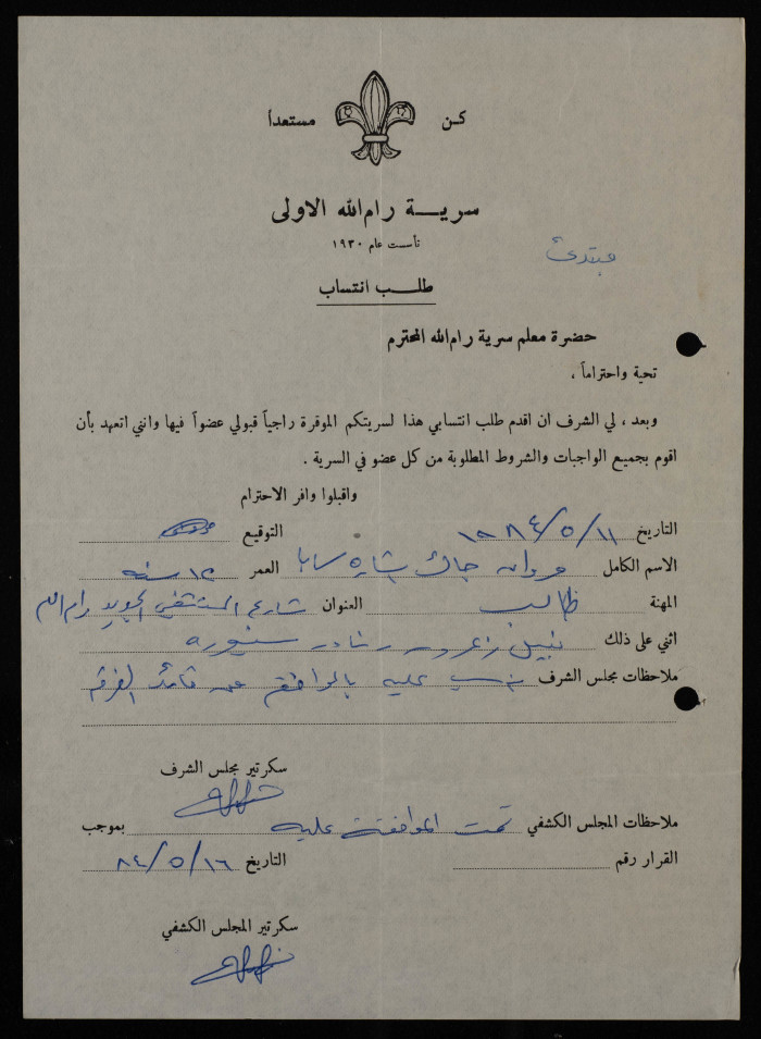 Marwan Jack Saba's Membership Application, Sareyyet Ramallah-First Ramallah Group, 1984