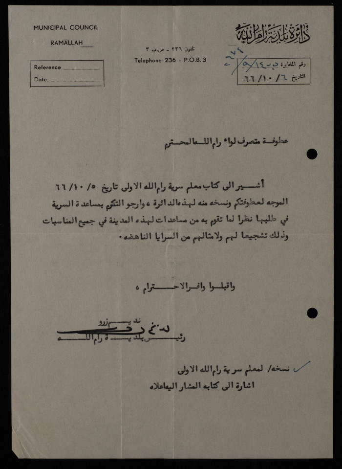 A Letter from the Ramallah Municipal Council to the District Governor, 1966 