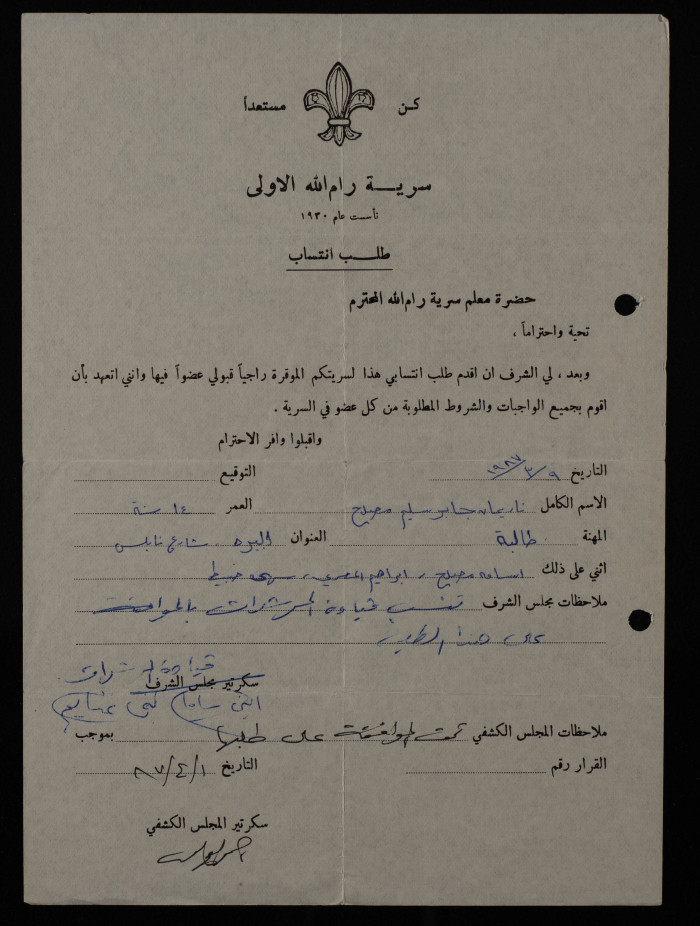 Nariman Musleh's Membership Application, Sareyyet Ramallah, 1987