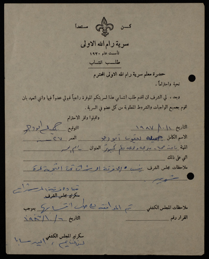 طلب انتساب جميله يعقوب أبو دحو إلى سريّة رام الله الأولى، 1987