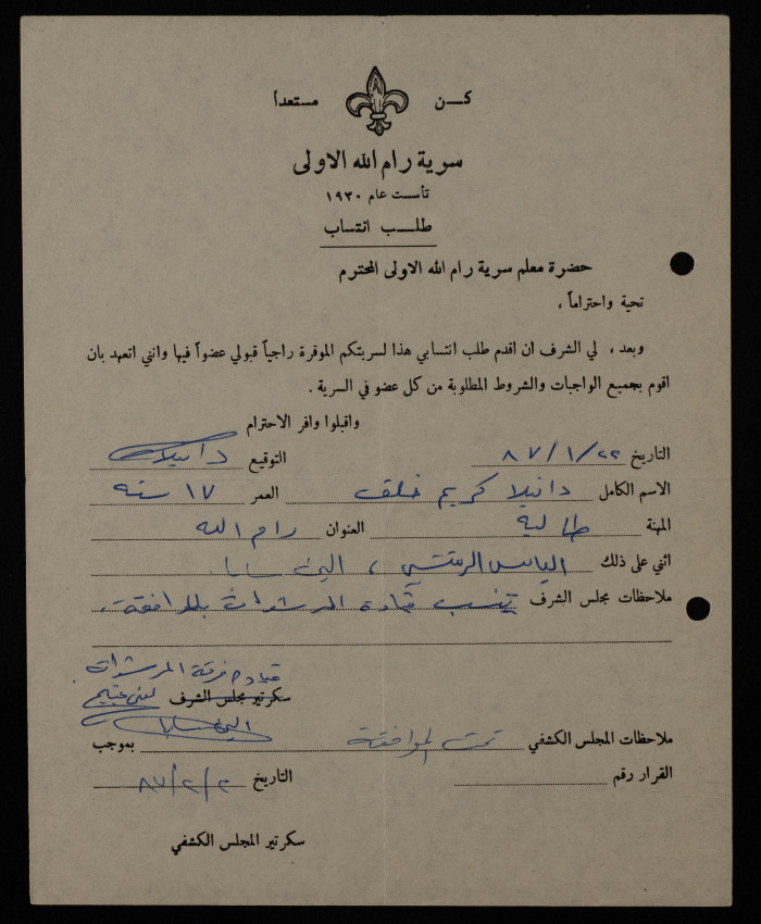 طلب انتساب من دانيلا كريم خلف الى سرية رام الله الاولى، 1987