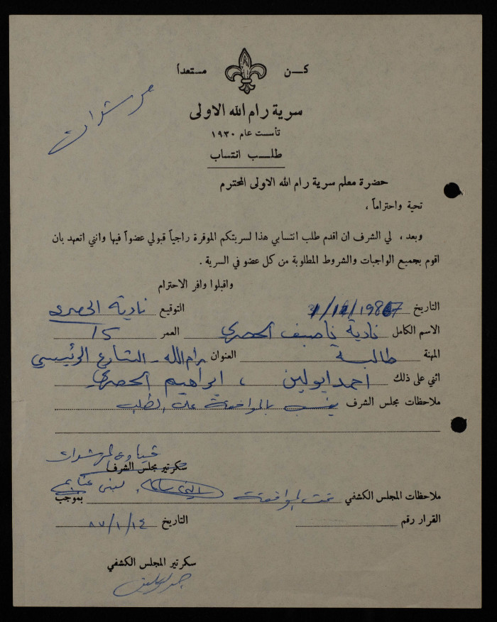Nadya al-Husary's Membership Application, Sareyyet Ramallah, 1987