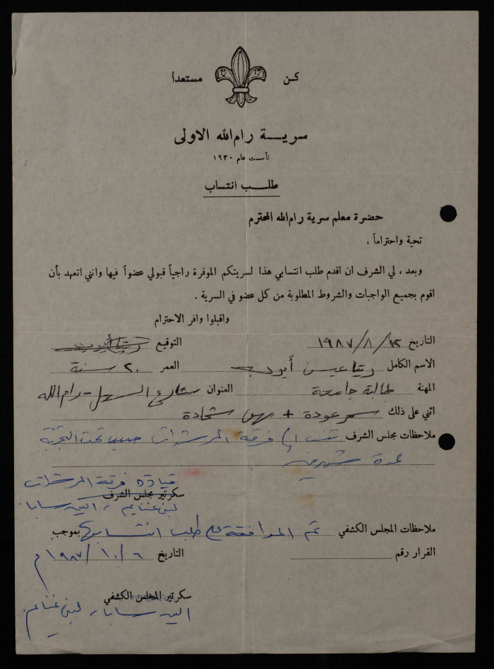 طلب انتساب ريتا عيسى أيوب إلى سريّة رام الله الأولى، 1987