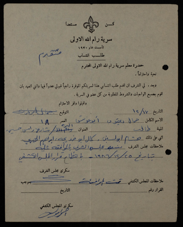 Jamal Yaʿqub Abu Ghosh's Membership Application, Sareyyet Ramallah, 1987