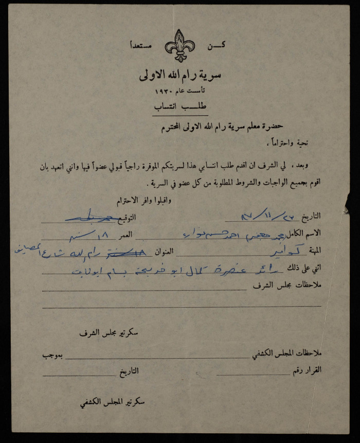 Muhammad Nuwwara's Membership Application, Sareyyet Ramallah, 1987