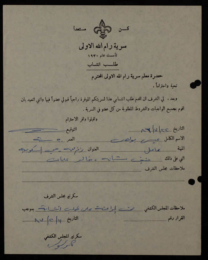 Issa Boulos' Membership Application, Sareyyet Ramallah, 1987