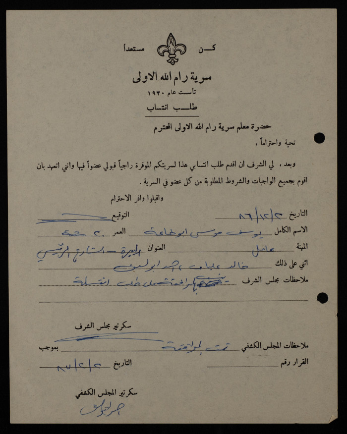 Yusef Musa Abu Taʿa's Membership Application, Sareyyet Ramallah, 1986
