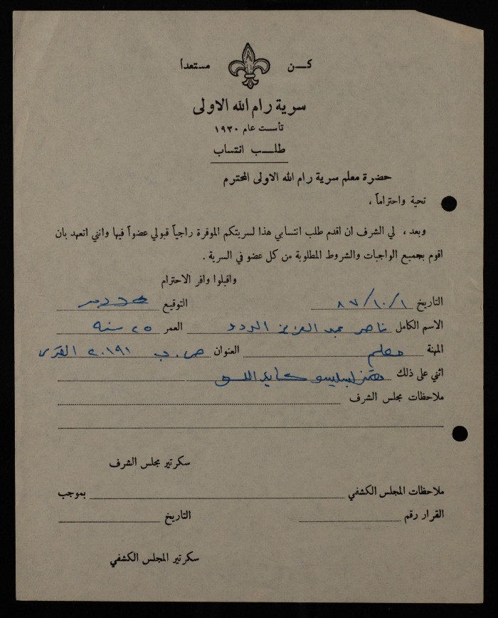 Naser Abdul-Aziz' Membership Application, Sareyyet Ramallah, 1987